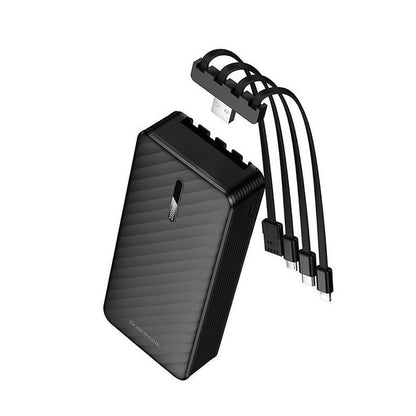 Borofone BJ84A Power Bank 20000mAh me kabllo të integruara USB-C, Lightning, Micro USB dhe USB-A, 2 hyrje, 4 dalje, bateri Lithium Polymer, karikim të disa pajisjeve njëkohësisht, dizajn kompakt dhe i miratuar për udhëtime me avion. Power bank ideal për iPhone, Samsung, Xiaomi, Huawei dhe pajisje të tjera në Shqipëri.