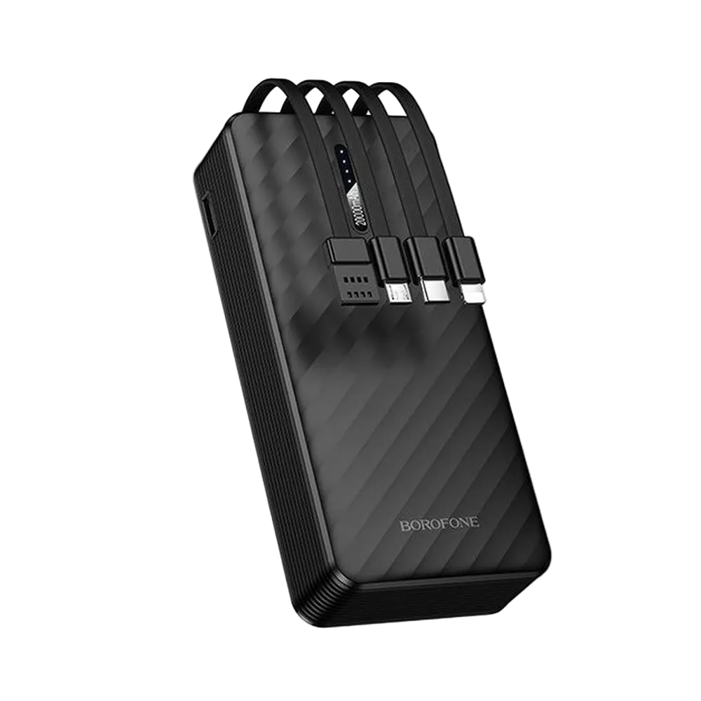 Borofone BJ84A Power Bank 20000mAh me kabllo të integruara USB-C, Lightning, Micro USB dhe USB-A, 2 hyrje, 4 dalje, bateri Lithium Polymer, karikim të disa pajisjeve njëkohësisht, dizajn kompakt dhe i miratuar për udhëtime me avion. Power bank ideal për iPhone, Samsung, Xiaomi, Huawei dhe pajisje të tjera në Shqipëri.
