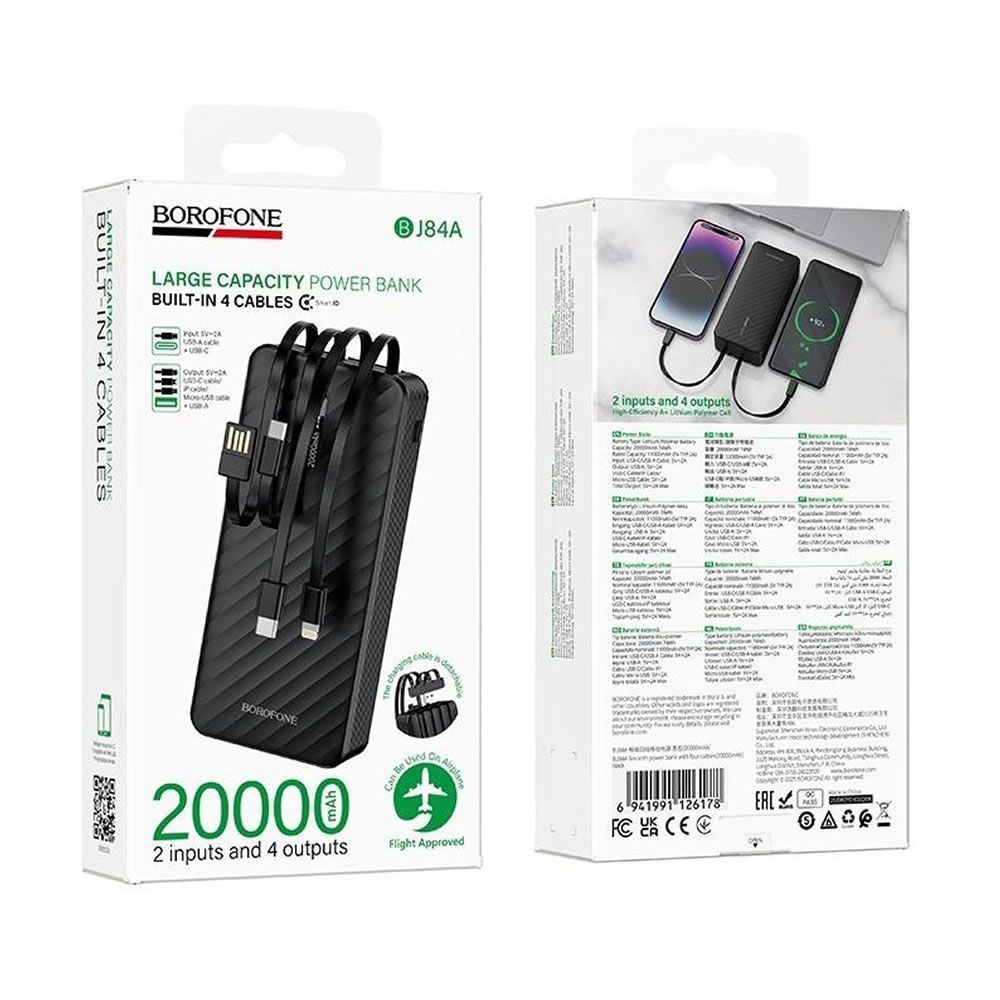 Borofone BJ84A Power Bank 20000mAh me kabllo të integruara USB-C, Lightning, Micro USB dhe USB-A, 2 hyrje, 4 dalje, bateri Lithium Polymer, karikim të disa pajisjeve njëkohësisht, dizajn kompakt dhe i miratuar për udhëtime me avion. Power bank ideal për iPhone, Samsung, Xiaomi, Huawei dhe pajisje të tjera në Shqipëri.