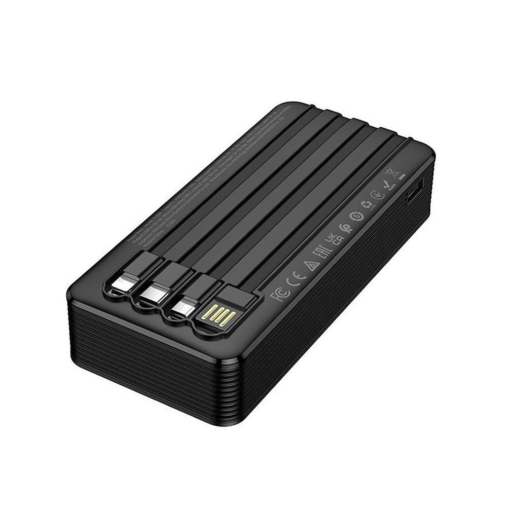 Borofone BJ84A Power Bank 20000mAh me kabllo të integruara USB-C, Lightning, Micro USB dhe USB-A, 2 hyrje, 4 dalje, bateri Lithium Polymer, karikim të disa pajisjeve njëkohësisht, dizajn kompakt dhe i miratuar për udhëtime me avion. Power bank ideal për iPhone, Samsung, Xiaomi, Huawei dhe pajisje të tjera në Shqipëri.