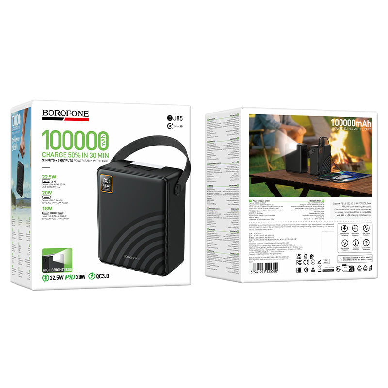 Borofone BJ85 Myriad Power Bank 100000mAh me karikim të shpejtë 22.5W, 2 porta USB-A, USB-C, bateri Li-Polymer, ekran LED, dritë kampingu LED, mbrojtje nga mbingarkesa dhe material ABS + PC. Power bank me kapacitet shumë të lartë për iPhone, Samsung, Xiaomi, Huawei, laptopë dhe pajisje të tjera në Shqipëri.
