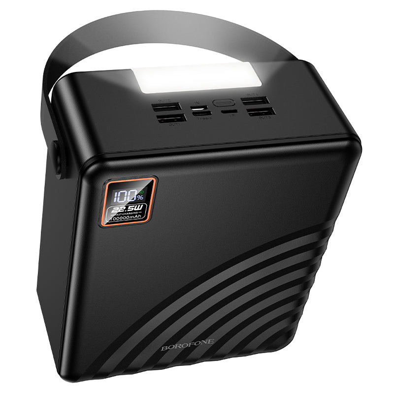 Borofone BJ85 Myriad Power Bank 100000mAh me karikim të shpejtë 22.5W, 2 porta USB-A, USB-C, bateri Li-Polymer, ekran LED, dritë kampingu LED, mbrojtje nga mbingarkesa dhe material ABS + PC. Power bank me kapacitet shumë të lartë për iPhone, Samsung, Xiaomi, Huawei, laptopë dhe pajisje të tjera në Shqipëri.