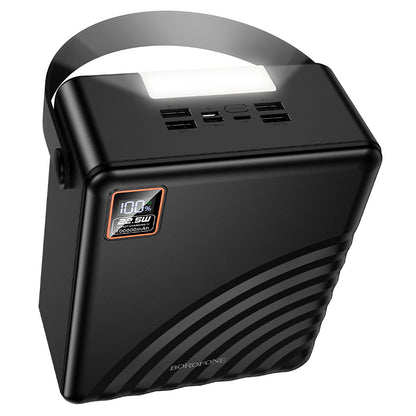 Borofone BJ85 Myriad Power Bank 100000mAh me karikim të shpejtë 22.5W, 2 porta USB-A, USB-C, bateri Li-Polymer, ekran LED, dritë kampingu LED, mbrojtje nga mbingarkesa dhe material ABS + PC. Power bank me kapacitet shumë të lartë për iPhone, Samsung, Xiaomi, Huawei, laptopë dhe pajisje të tjera në Shqipëri.
