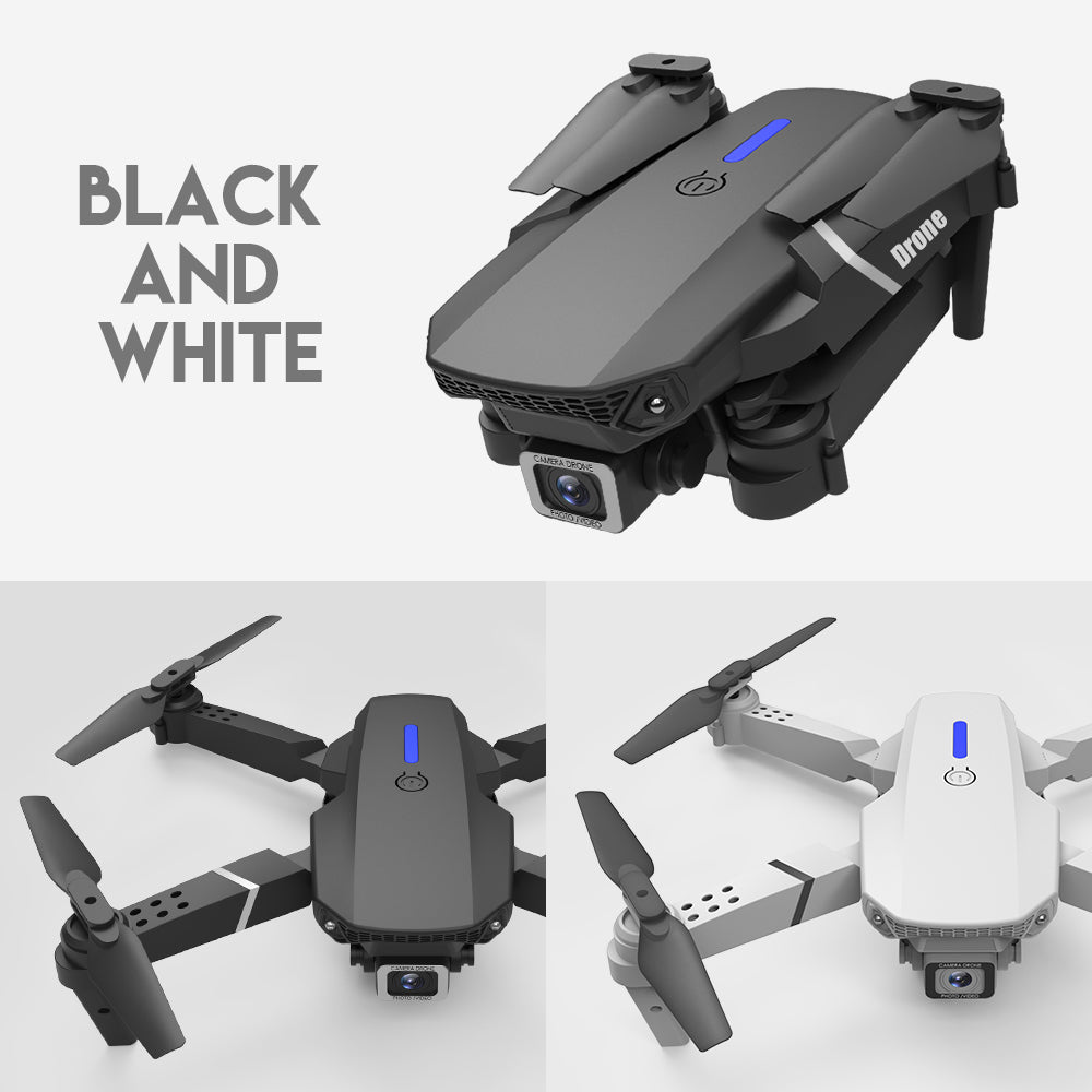 E88 Pro drone me kamerë HD WiFi FPV, kënd të gjerë, distancë kontrolli deri në 150 metra, Headless Mode, mbajtje automatike të lartësisë, giroskop dhe dizajn të palosshëm. Dron ideal për foto dhe video ajrore, fillestarë dhe përdorim rekreativ në Shqipëri. 