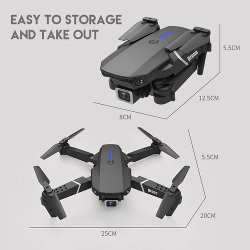 E88 Pro drone me kamerë HD WiFi FPV, kënd të gjerë, distancë kontrolli deri në 150 metra, Headless Mode, mbajtje automatike të lartësisë, giroskop dhe dizajn të palosshëm. Dron ideal për foto dhe video ajrore, fillestarë dhe përdorim rekreativ në Shqipëri. 