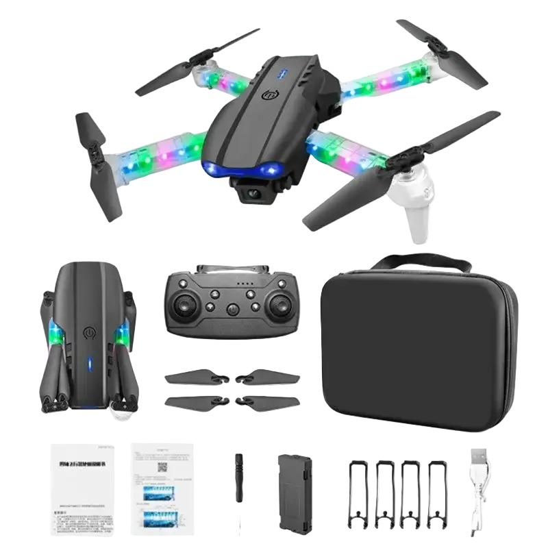 E99D MAX drone i palosshëm me dy kamera, WiFi FPV, telekomandë me ekran, giroskop 6-aksësh, bateri 1800mAh, fluturim deri në 10 minuta dhe transmetim deri në 5 km sipas prodhuesit. Dron ideal për foto dhe video ajrore, fillestarë dhe përdorim rekreativ në Shqipëri.