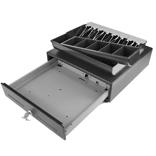 ECD-330H POS Cash Drawer metalik për kasa fiskale me 4 ndarje kartëmonedhash, tabaka plastike dhe hapje elektronike për sisteme POS | SmartXStore