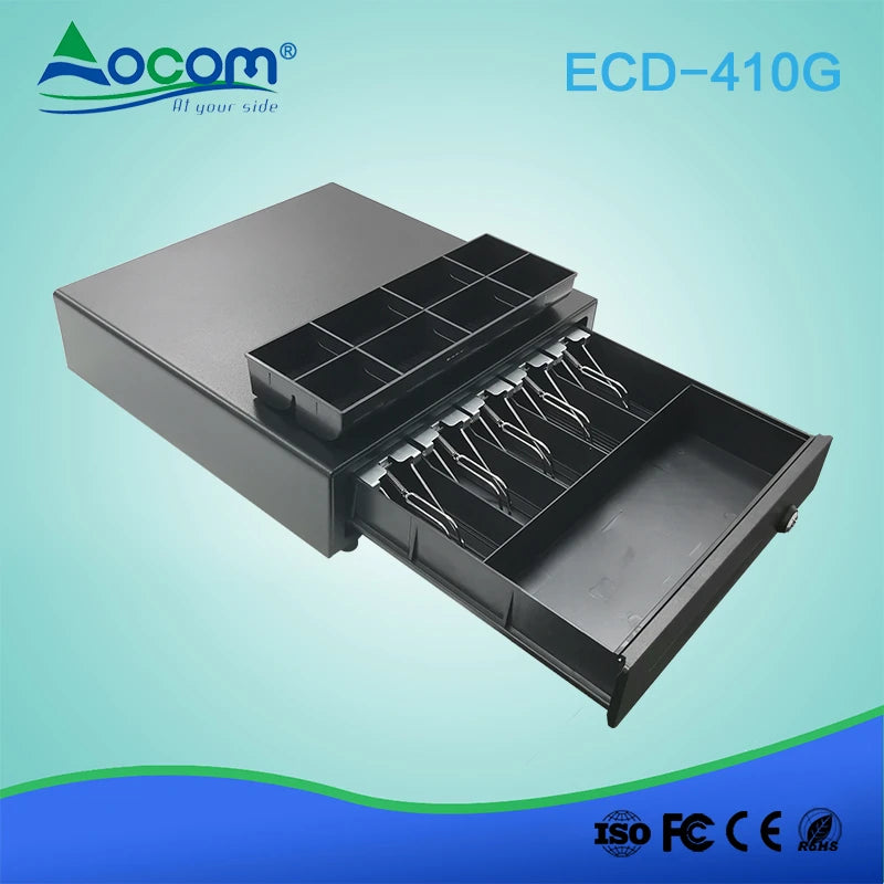 ECD-410G sirtar elektronik metalik për para 410mm me 4 ose 5 ndarje të rregullueshme për kartëmonedha, 8 ndarje të lëvizshme për monedha, kasetë ABS me rezistencë të lartë, kyç me 3 pozicione, tension 12V ose 24V dhe jetëgjatësi mbi 1.5 milion hapje. Ideal për kasa fiskale dhe sisteme POS në Shqipëri.