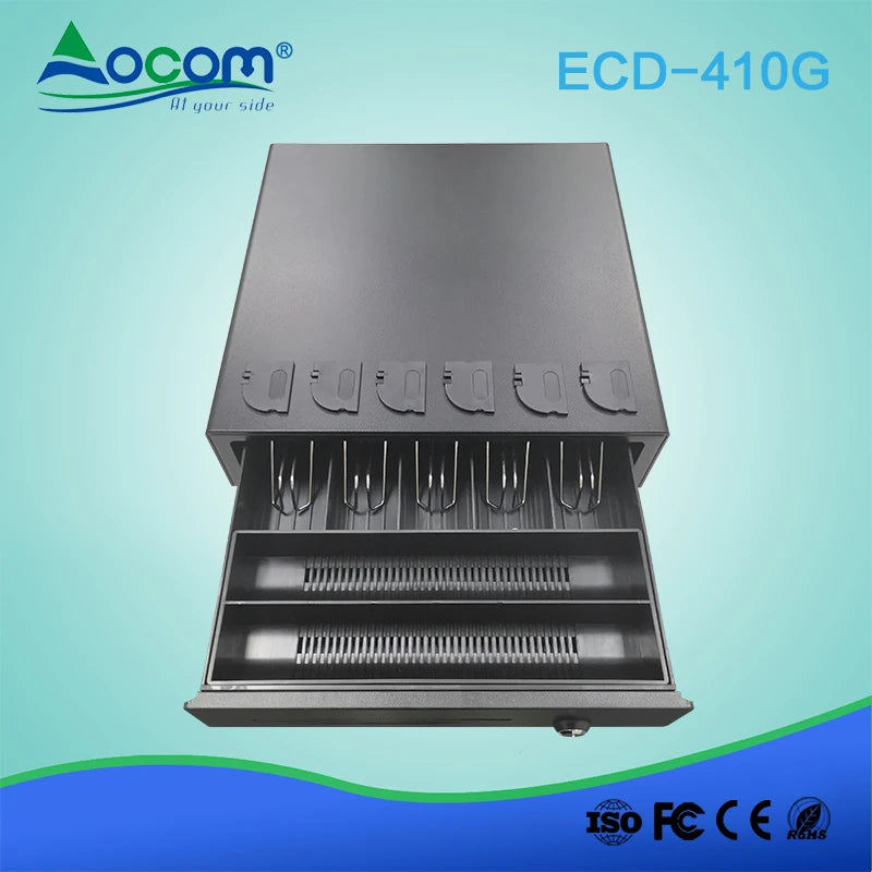 ECD-410G sirtar elektronik metalik për para 410mm me 4 ose 5 ndarje të rregullueshme për kartëmonedha, 8 ndarje të lëvizshme për monedha, kasetë ABS me rezistencë të lartë, kyç me 3 pozicione, tension 12V ose 24V dhe jetëgjatësi mbi 1.5 milion hapje. Ideal për kasa fiskale dhe sisteme POS në Shqipëri.