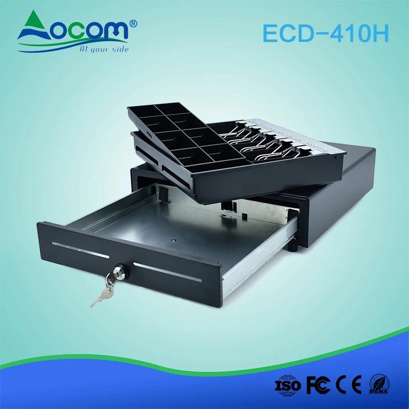 ECD-410H sirtar elektronik metalik për para me 4 ose 5 ndarje të rregullueshme për kartëmonedha, 8 ndarje të lëvizshme për monedha, kasetë ABS të shkëputshme, 2 porta për çeqe, kyç me 3 pozicione, tension 12V ose 24V dhe jetëgjatësi mbi 1.5 milion hapje. Ideal për kasa fiskale dhe sisteme POS në Shqipëri.