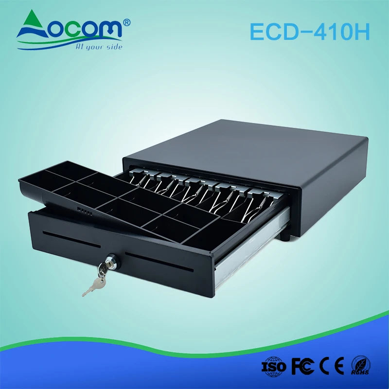 ECD-410H sirtar elektronik metalik për para me 4 ose 5 ndarje të rregullueshme për kartëmonedha, 8 ndarje të lëvizshme për monedha, kasetë ABS të shkëputshme, 2 porta për çeqe, kyç me 3 pozicione, tension 12V ose 24V dhe jetëgjatësi mbi 1.5 milion hapje. Ideal për kasa fiskale dhe sisteme POS në Shqipëri.