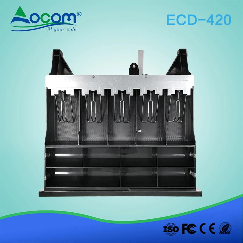 ECD-420-X sirtar elektronik metalik për para me konstruksion SECC dhe SPCC, konfigurim 5B8C ose 6B4C, tension 12V–24V, kyç me 3 pozicione, hapësirë për çeqe, sensor Micro-switch opsional dhe kabllo të shkëputshme. Ideal për kasa fiskale dhe sisteme POS në Shqipëri.