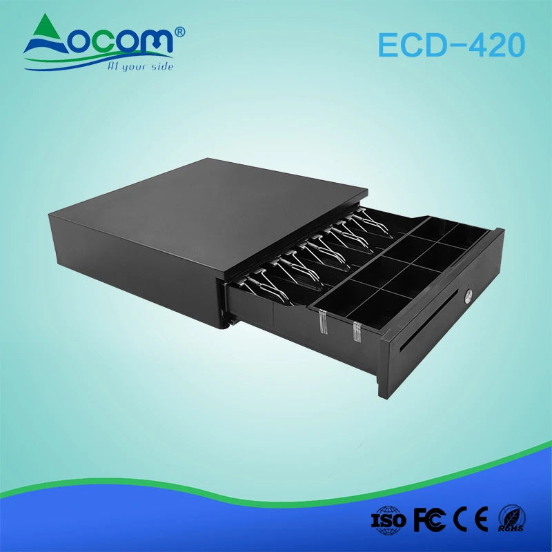 ECD-420-X sirtar elektronik metalik për para me konstruksion SECC dhe SPCC, konfigurim 5B8C ose 6B4C, tension 12V–24V, kyç me 3 pozicione, hapësirë për çeqe, sensor Micro-switch opsional dhe kabllo të shkëputshme. Ideal për kasa fiskale dhe sisteme POS në Shqipëri.