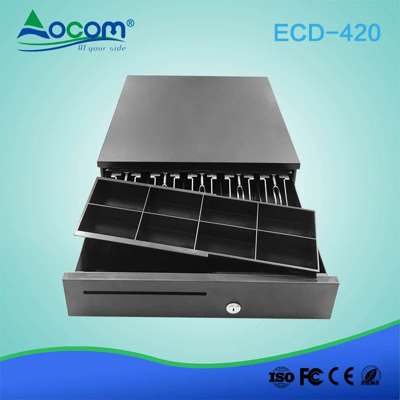 ECD-420-X sirtar elektronik metalik për para me konstruksion SECC dhe SPCC, konfigurim 5B8C ose 6B4C, tension 12V–24V, kyç me 3 pozicione, hapësirë për çeqe, sensor Micro-switch opsional dhe kabllo të shkëputshme. Ideal për kasa fiskale dhe sisteme POS në Shqipëri.