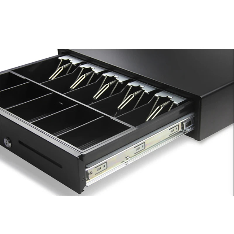 ECD-460S POS Cash Drawer metalik për kasa fiskale me 5 ndarje kartëmonedhash, ndarje të rregullueshme për monedha, kyç sigurie dhe hapje elektronike RJ11/RJ12 | SmartXStore