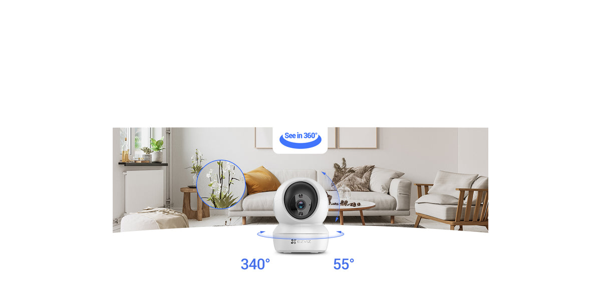 EZVIZ H6c kamerë sigurie e brendshme 2MP Full HD WiFi me rrotullim Pan & Tilt, lente 4mm, shikim natën IR 10m, lidhje RJ45 dhe MicroSD deri në 256GB.