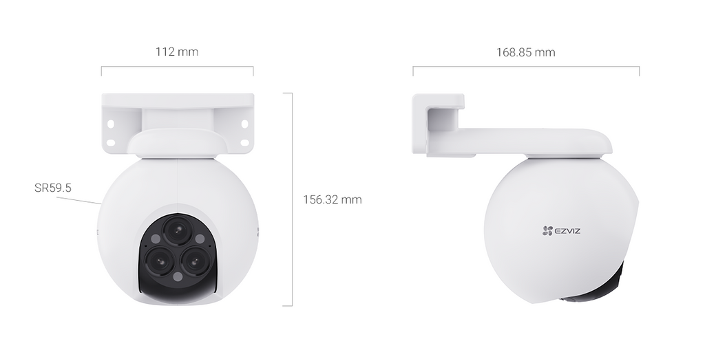 EZVIZ H80f Multi 2K+ kamerë sigurie e jashtme me 3 lente 4MP, WiFi, Pan & Tilt 340°, Auto Zoom Tracking, shikim natën IR 30m, zbulim AI të personave dhe automjeteve, audio dy drejtime, MicroSD 512GB dhe IP67.