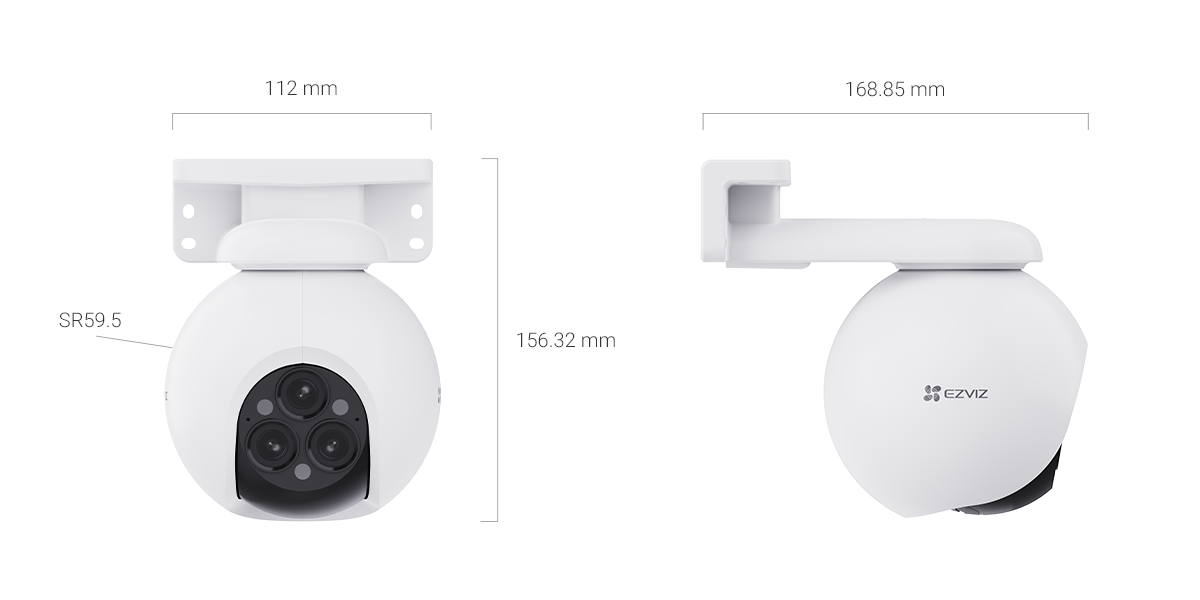 EZVIZ H80f Multi 2K+ kamerë sigurie e jashtme me 3 lente 4MP, WiFi, Pan & Tilt 340°, Auto Zoom Tracking, shikim natën IR 30m, zbulim AI të personave dhe automjeteve, audio dy drejtime, MicroSD 512GB dhe IP67.