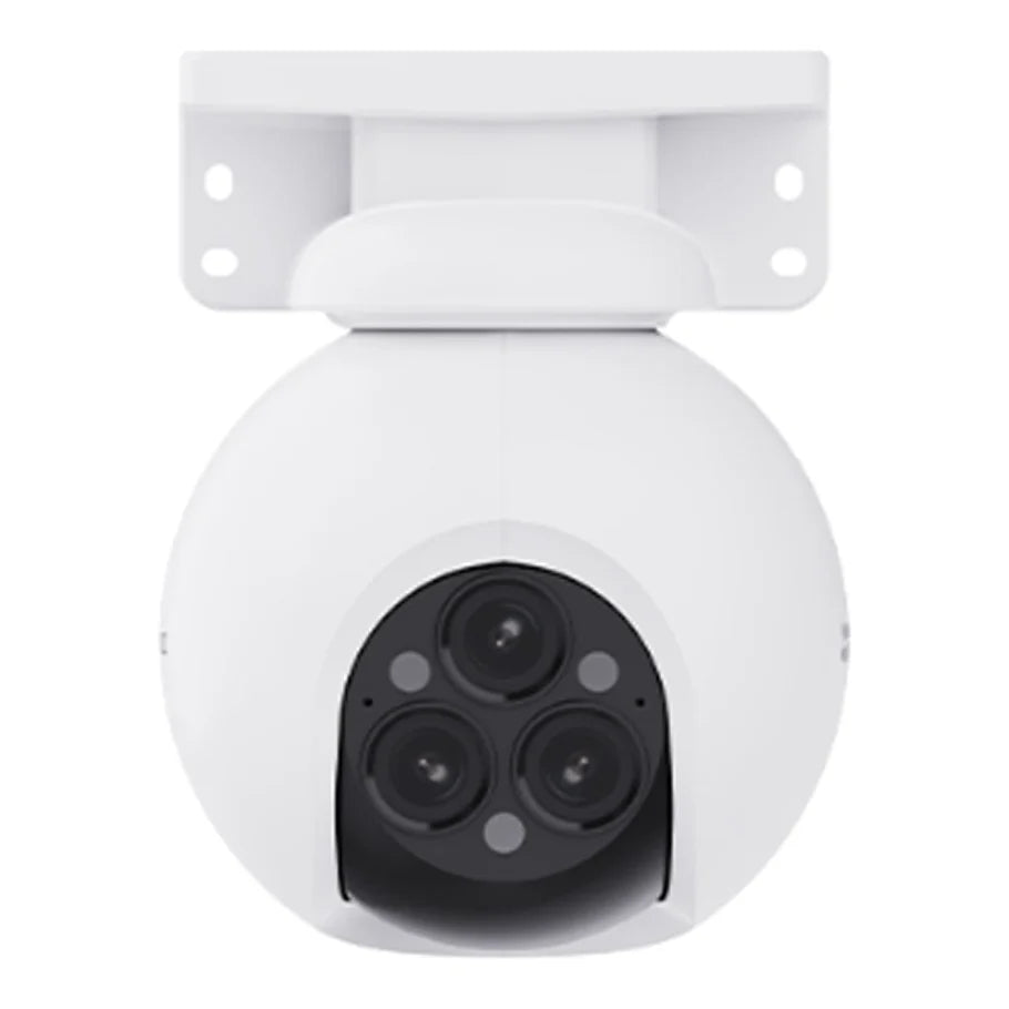 EZVIZ H80f Multi 2K+ kamerë sigurie e jashtme me 3 lente 4MP, WiFi, Pan & Tilt 340°, Auto Zoom Tracking, shikim natën IR 30m, zbulim AI të personave dhe automjeteve, audio dy drejtime, MicroSD 512GB dhe IP67.