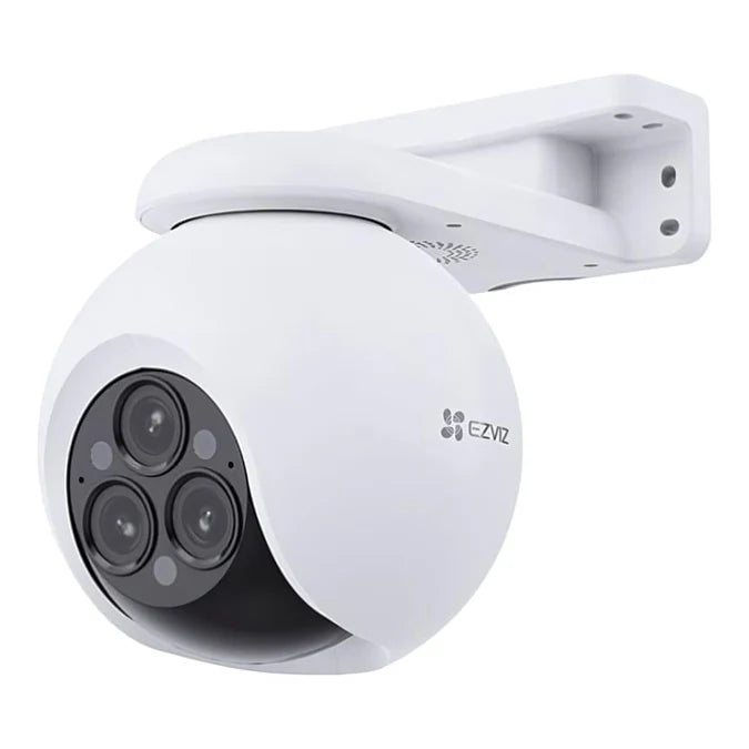EZVIZ H80f Multi 2K+ kamerë sigurie e jashtme me 3 lente 4MP, WiFi, Pan & Tilt 340°, Auto Zoom Tracking, shikim natën IR 30m, zbulim AI të personave dhe automjeteve, audio dy drejtime, MicroSD 512GB dhe IP67.