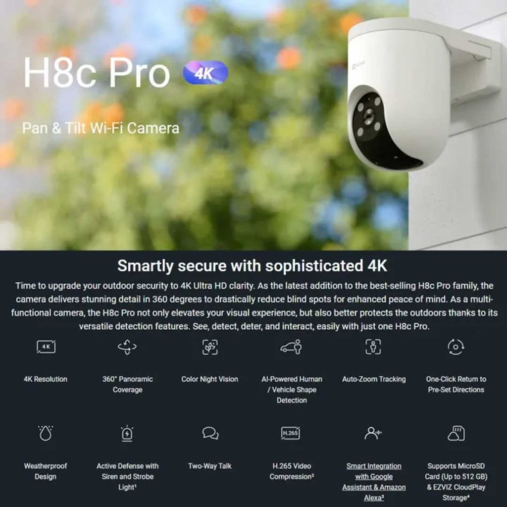 EZVIZ H8c Pro 4K kamerë sigurie e jashtme 8MP WiFi me Pan & Tilt 350°, Auto Tracking, shikim natën IR 30m, zbulim AI të personave dhe automjeteve, audio dy drejtime dhe MicroSD deri në 512GB.