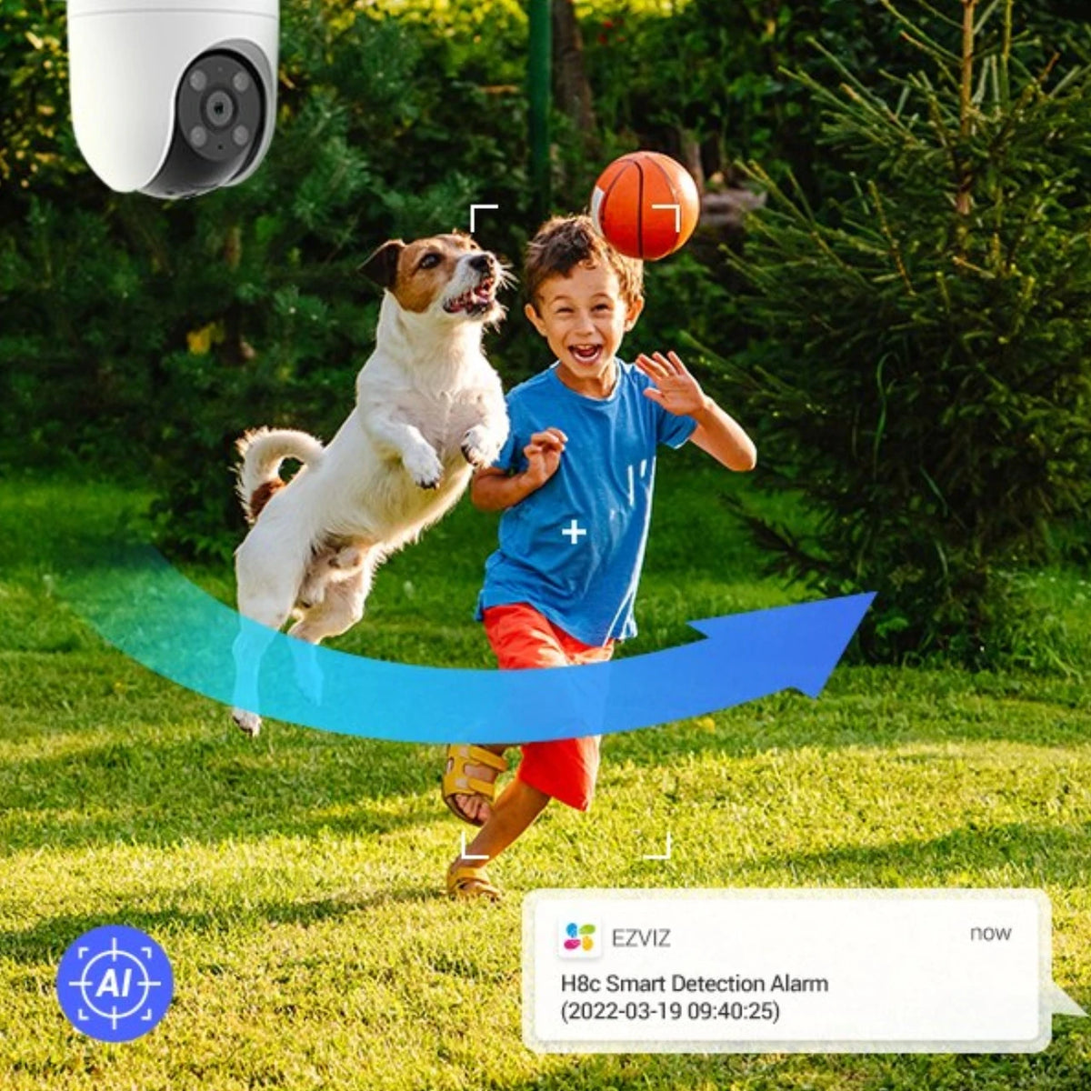 EZVIZ H8c kamerë sigurie e jashtme 2MP Full HD WiFi me rrotullim Pan & Tilt 350°, shikim natën IR 30m, zbulim AI të personave, audio dy drejtime dhe MicroSD deri në 512GB.