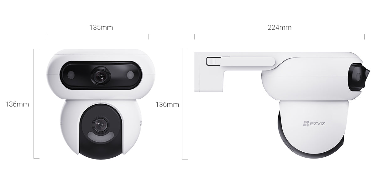 EZVIZ H90 Dual 2K+ kamerë sigurie e jashtme 8MP me dy lente 4MP, WiFi, rrotullim të dyfishtë, Auto Tracking, shikim natën IR 30m, zbulim AI, audio dy drejtime dhe MicroSD 512GB.