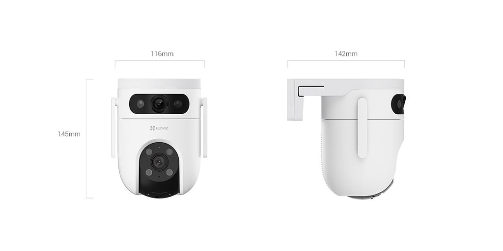 EZVIZ H9c Dual 2K kamerë sigurie e jashtme me dy lente 2K, WiFi, Pan & Tilt 350°, Auto Tracking, shikim natën IR 30m, zbulim AI të personave dhe automjeteve, audio dy drejtime dhe MicroSD deri në 512GB.