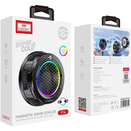 Earldom ET-F14 MagSafe Phone Cooler me teknologji Semiconductor Cooling dhe RGB me 6 ngjyra. Ftohës magnetik për iPhone me MagSafe dhe smartphone të përputhshëm, ideal për gaming, livestream dhe përdorim intensiv. Ofron ftohje të shpejtë dhe performancë maksimale. 