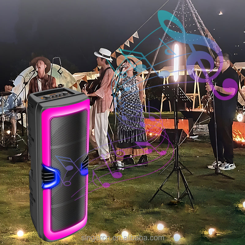 GY-8847 altoparlant Bluetooth portativ me drita RGB LED, mikrofon pa tela, Bluetooth 5.0, radio FM, mbështetje për kartë TF, bateri 2000–3000mAh dhe telekomandë. Ideal për karaoke, festa, evente dhe përdorim në shtëpi.