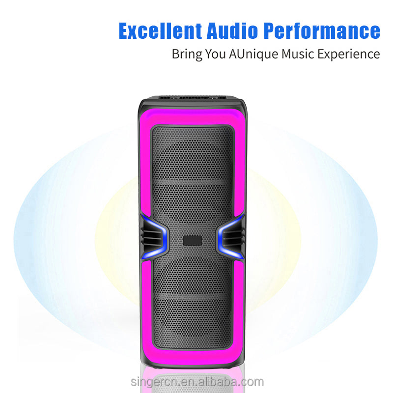 GY-8847 altoparlant Bluetooth portativ me drita RGB LED, mikrofon pa tela, Bluetooth 5.0, radio FM, mbështetje për kartë TF, bateri 2000–3000mAh dhe telekomandë. Ideal për karaoke, festa, evente dhe përdorim në shtëpi.