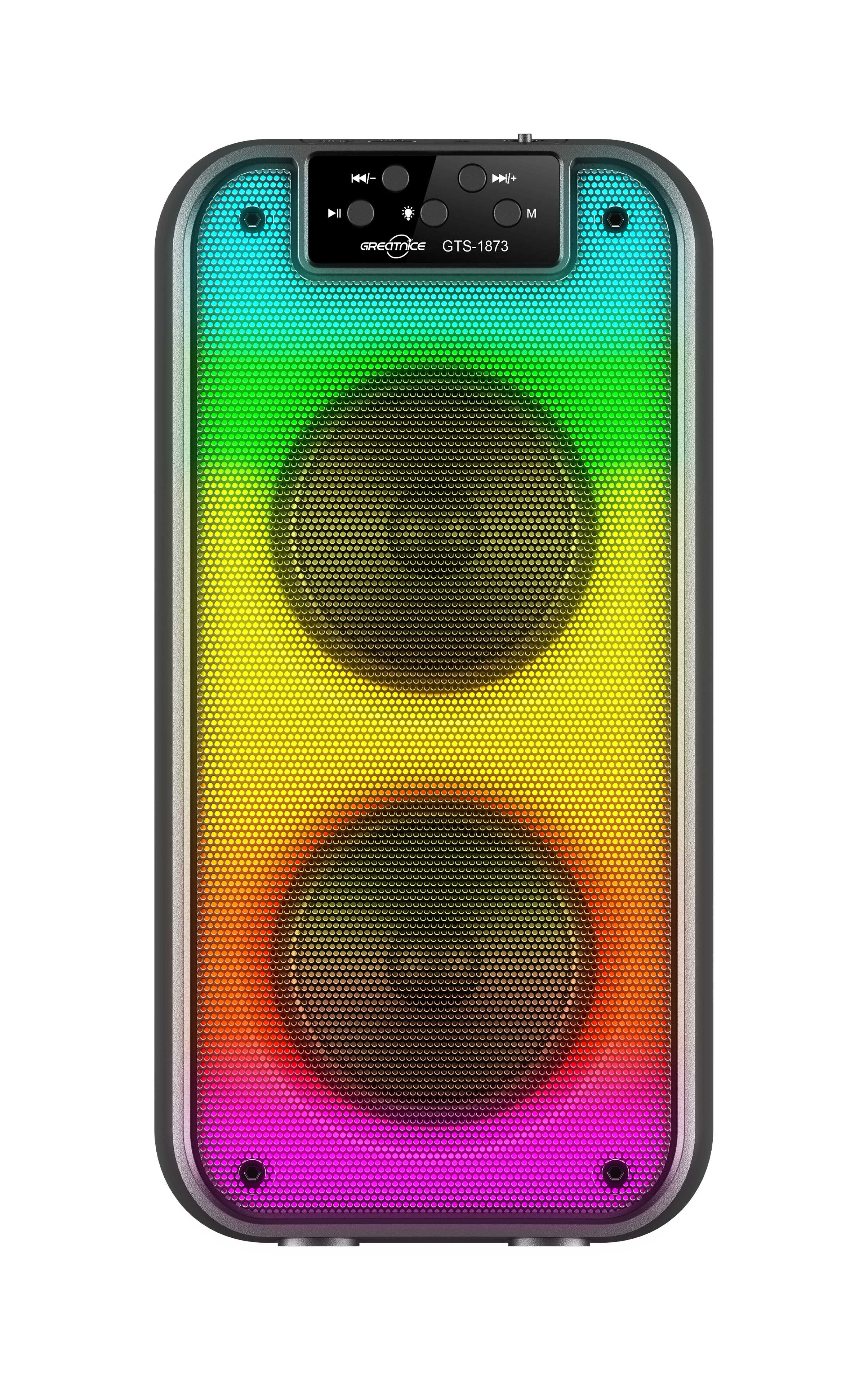 Greatnice GTS-1873 altoparlant Bluetooth portativ me Bluetooth 5.3, fuqi 10W (2×5W), radio FM, bateri 1200mAh, distancë lidhjeje mbi 10 metra dhe përgjigje frekuence 100Hz–20kHz. Boks ideal për shtëpi, udhëtime dhe aktivitete në natyrë.