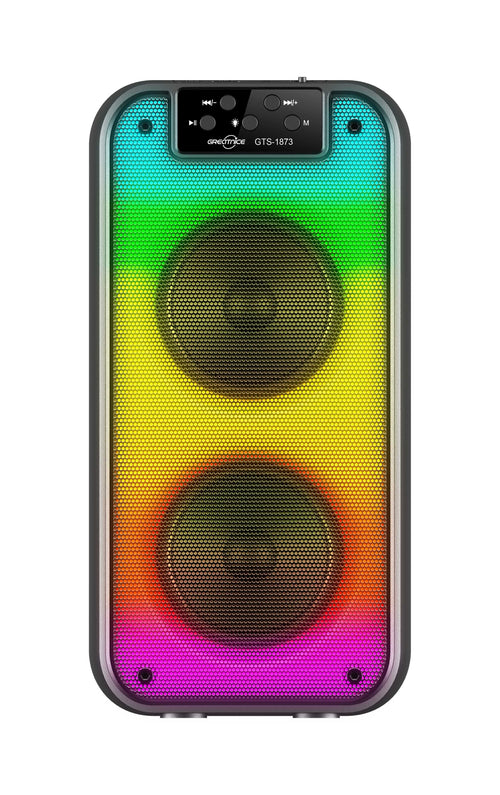 Greatnice GTS-1873 altoparlant Bluetooth portativ me Bluetooth 5.3, fuqi 10W (2×5W), radio FM, bateri 1200mAh, distancë lidhjeje mbi 10 metra dhe përgjigje frekuence 100Hz–20kHz. Boks ideal për shtëpi, udhëtime dhe aktivitete në natyrë.
