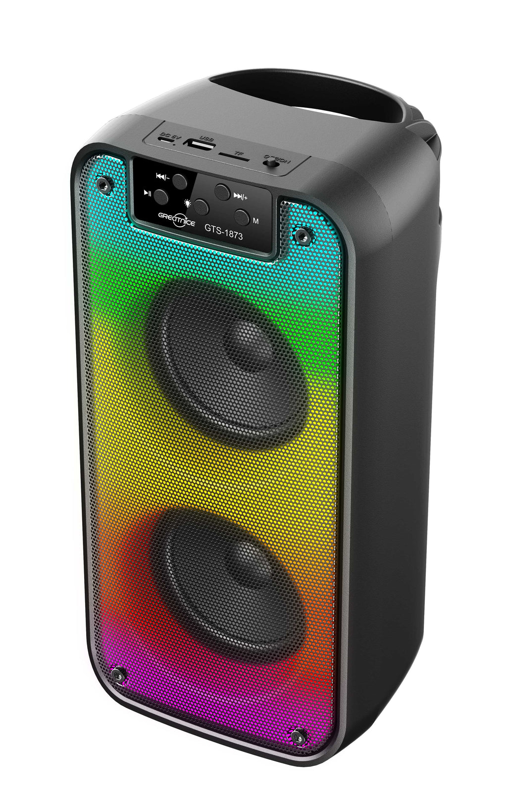 Greatnice GTS-1873 altoparlant Bluetooth portativ me Bluetooth 5.3, fuqi 10W (2×5W), radio FM, bateri 1200mAh, distancë lidhjeje mbi 10 metra dhe përgjigje frekuence 100Hz–20kHz. Boks ideal për shtëpi, udhëtime dhe aktivitete në natyrë.