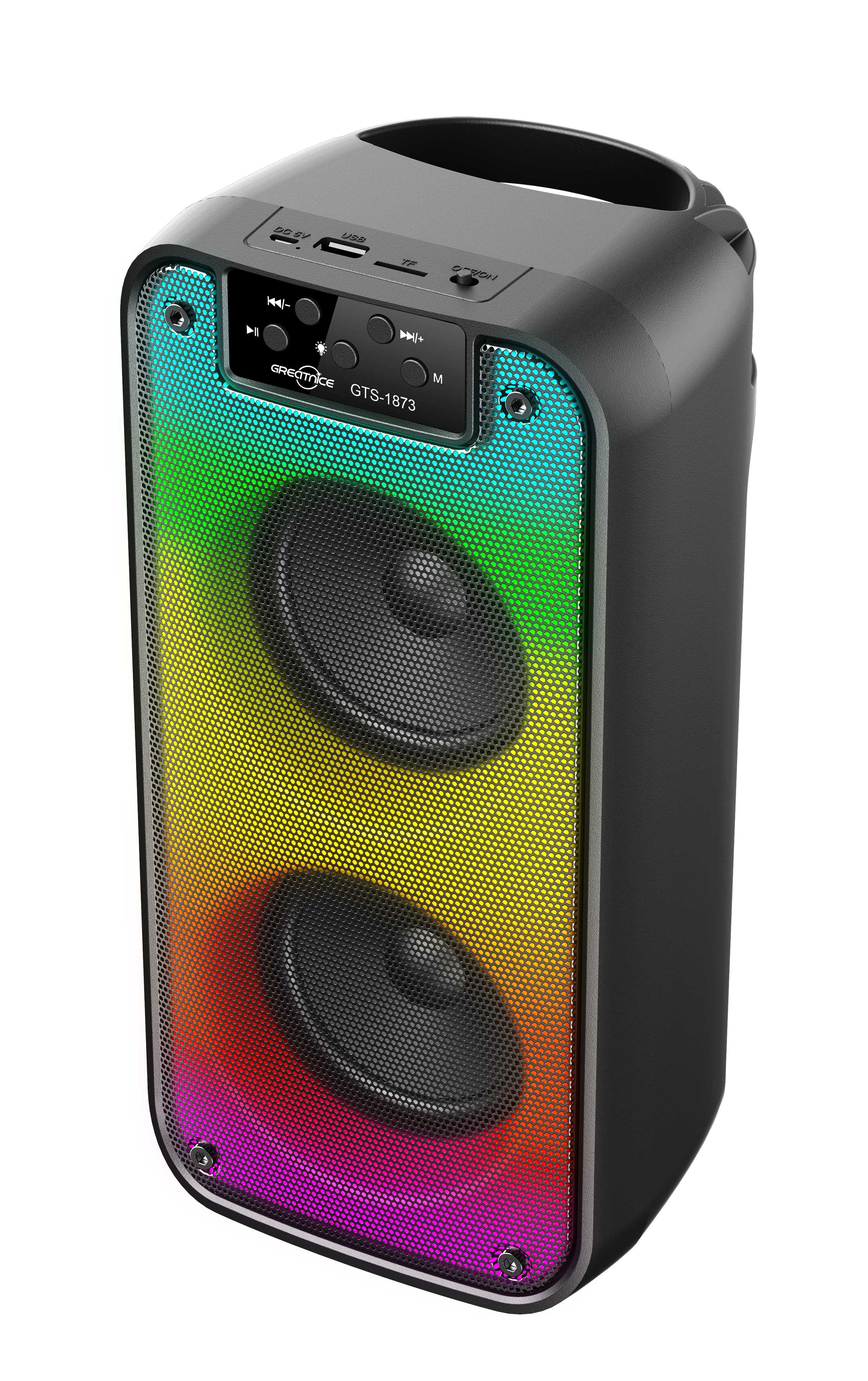 Greatnice GTS-1873 altoparlant Bluetooth portativ me Bluetooth 5.3, fuqi 10W (2×5W), radio FM, bateri 1200mAh, distancë lidhjeje mbi 10 metra dhe përgjigje frekuence 100Hz–20kHz. Boks ideal për shtëpi, udhëtime dhe aktivitete në natyrë.