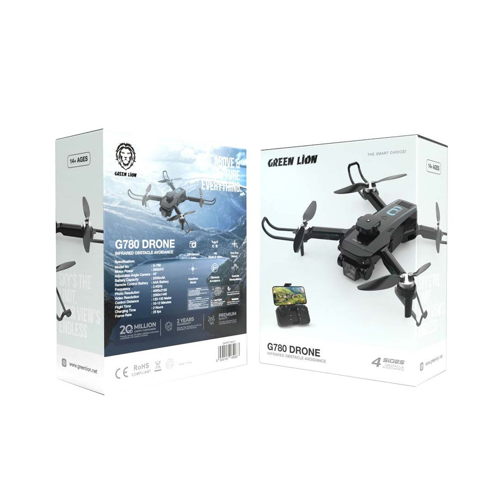 Green Lion G780RC dron me kamerë 4K, rezolucion fotografie 4090×2160, video 2560×1440, shmangie pengesash, Optical Flow, kontroll me gjeste, bateri 2000mAh, fluturim 10–12 minuta dhe distancë kontrolli deri në 150 metra.