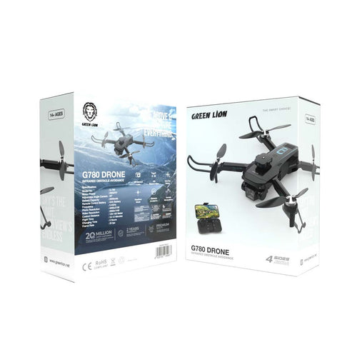 Green Lion G780RC dron me kamerë 4K, rezolucion fotografie 4090×2160, video 2560×1440, shmangie pengesash, Optical Flow, kontroll me gjeste, bateri 2000mAh, fluturim 10–12 minuta dhe distancë kontrolli deri në 150 metra.