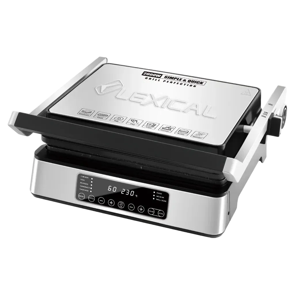 Grill elektrik Lexical LSM-2575 2000W për pjekjen e mishit, perimeve dhe sanduiçeve në shtëpiLexical LSM-2575 grill elektrik 2000W për panini dhe sanduiçe me hapje 180°, ekran LED, Touch Control, 6 programe, timer 60 minuta dhe pllaka granite jo-ngjitëse të shkëputshme. 