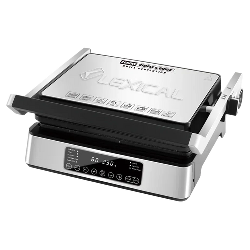Grill elektrik Lexical LSM-2575 2000W për pjekjen e mishit, perimeve dhe sanduiçeve në shtëpiLexical LSM-2575 grill elektrik 2000W për panini dhe sanduiçe me hapje 180°, ekran LED, Touch Control, 6 programe, timer 60 minuta dhe pllaka granite jo-ngjitëse të shkëputshme. 