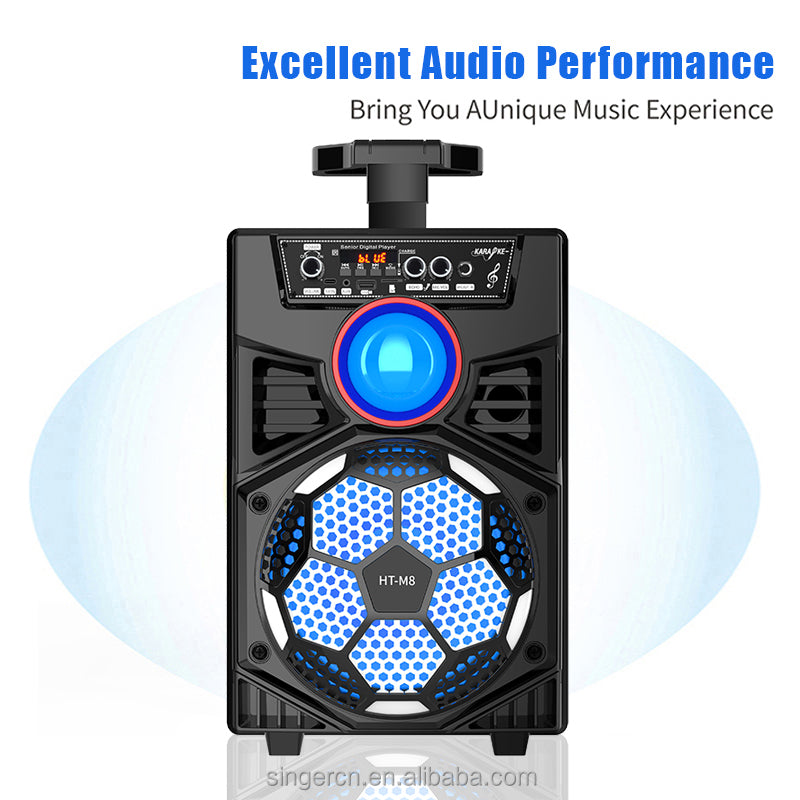 HT-M8 altoparlant party Bluetooth 8 inç me trolley, Bluetooth 5.0, 2 mikrofona pa tela, drita RGB LED, radio FM, mbështetje për kartë TF, telekomandë dhe bateri të rikarikueshme. Ideal për karaoke, festa, evente dhe përdorim në ambiente të jashtme. 
