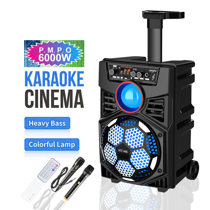 HT-M8 altoparlant party Bluetooth 8 inç me trolley, Bluetooth 5.0, 2 mikrofona pa tela, drita RGB LED, radio FM, mbështetje për kartë TF, telekomandë dhe bateri të rikarikueshme. Ideal për karaoke, festa, evente dhe përdorim në ambiente të jashtme. 