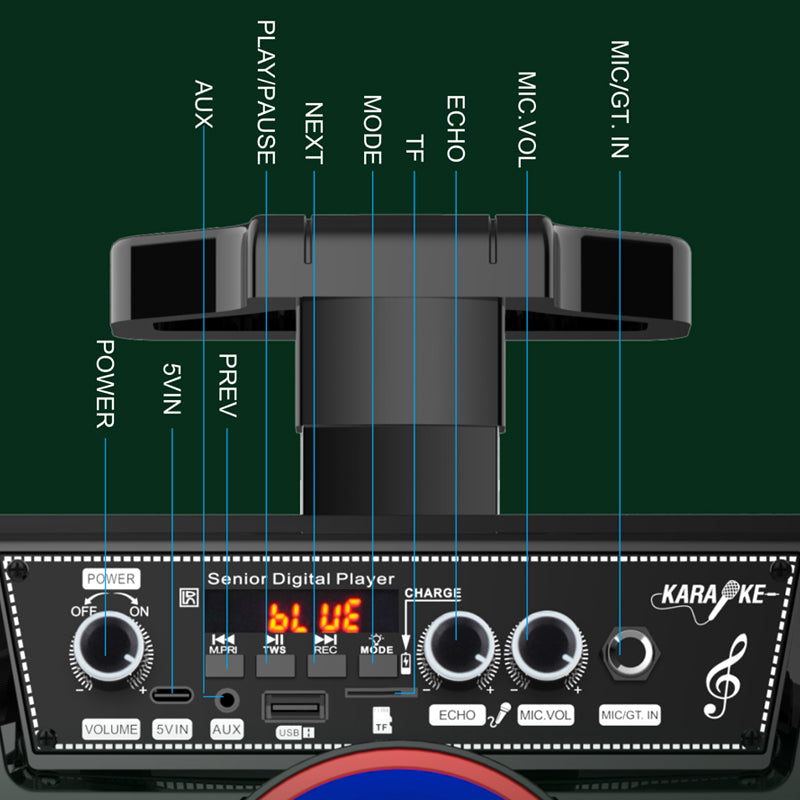 HT-M8 altoparlant party Bluetooth 8 inç me trolley, Bluetooth 5.0, 2 mikrofona pa tela, drita RGB LED, radio FM, mbështetje për kartë TF, telekomandë dhe bateri të rikarikueshme. Ideal për karaoke, festa, evente dhe përdorim në ambiente të jashtme. 