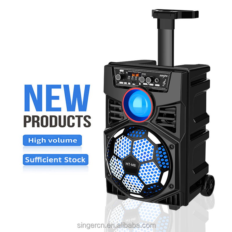 HT-M8 altoparlant party Bluetooth 8 inç me trolley, Bluetooth 5.0, 2 mikrofona pa tela, drita RGB LED, radio FM, mbështetje për kartë TF, telekomandë dhe bateri të rikarikueshme. Ideal për karaoke, festa, evente dhe përdorim në ambiente të jashtme. 
