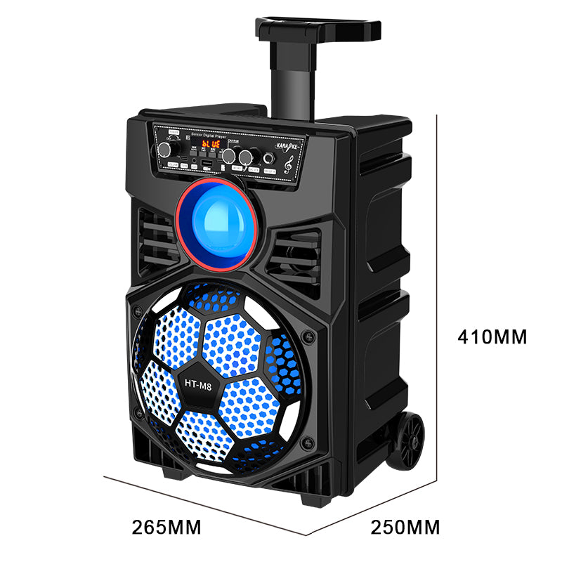 HT-M8 altoparlant party Bluetooth 8 inç me trolley, Bluetooth 5.0, 2 mikrofona pa tela, drita RGB LED, radio FM, mbështetje për kartë TF, telekomandë dhe bateri të rikarikueshme. Ideal për karaoke, festa, evente dhe përdorim në ambiente të jashtme. 