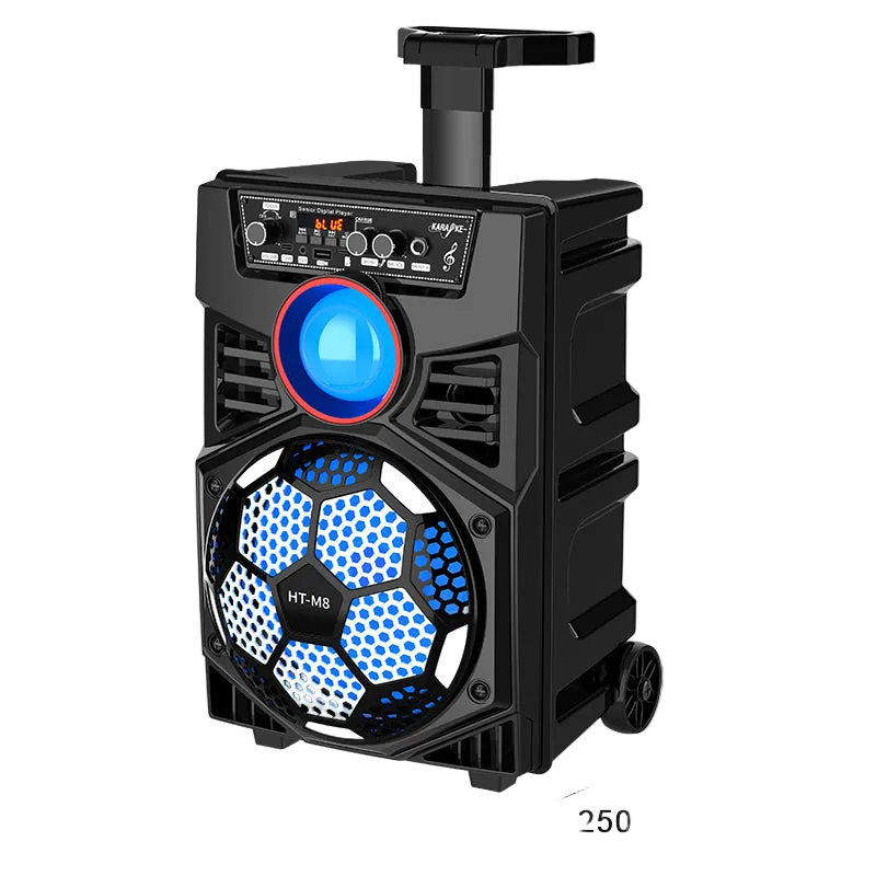 HT-M8 altoparlant party Bluetooth 8 inç me trolley, Bluetooth 5.0, 2 mikrofona pa tela, drita RGB LED, radio FM, mbështetje për kartë TF, telekomandë dhe bateri të rikarikueshme. Ideal për karaoke, festa, evente dhe përdorim në ambiente të jashtme. 
