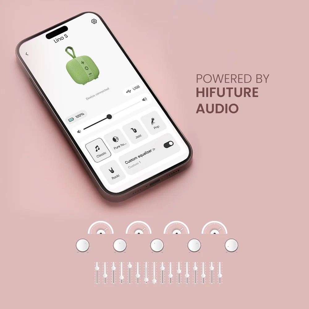 HiFuture Lino-S altoparlant Bluetooth 12W me Bluetooth 5.4, DSP + DynaBoost™, Auracast™, TWS, rezistencë ndaj ujit IPX7, bateri deri në 10 orë dhe aplikacion HiFuture Audio për personalizimin e Equalizer. Altoparlant portativ ideal për plazh, udhëtime, sport dhe përdorim të përditshëm.