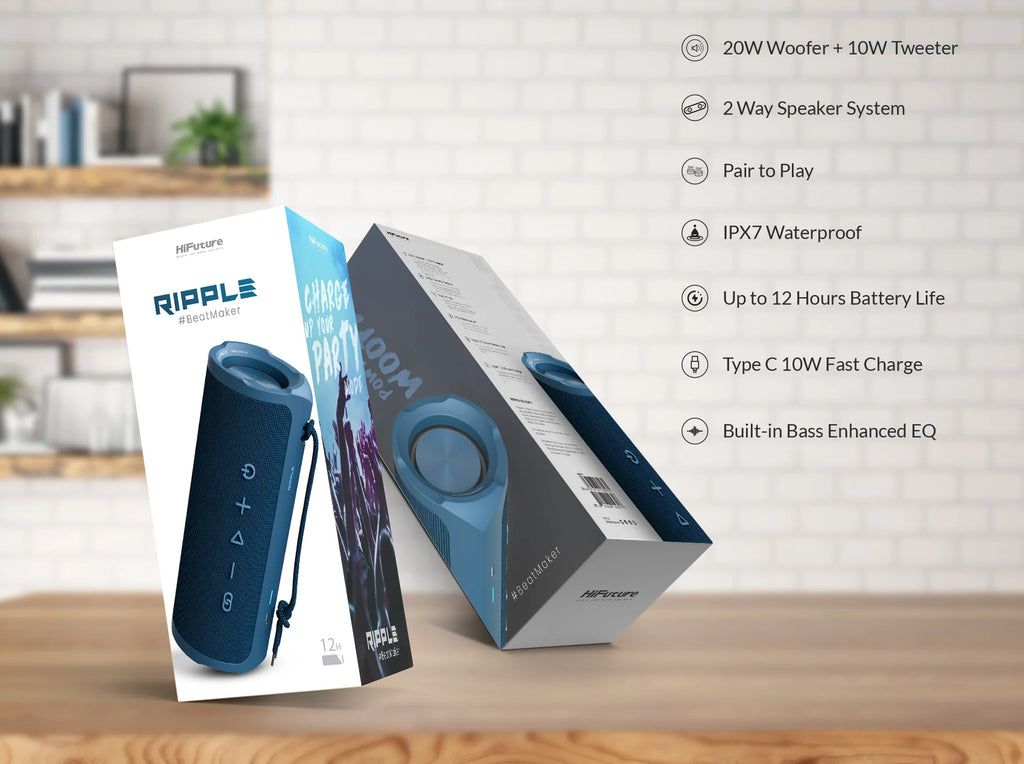 HiFuture Ripple altoparlant Bluetooth 30W me sistem audio 2-Way (20W Woofer + 10W Tweeter), rezistencë ndaj ujit IPX7, bateri deri në 12 orë, USB Type-C Fast Charge 10W, Pair to Play dhe Bass Enhanced EQ. Altoparlant portativ ideal për plazh, udhëtime, festa dhe përdorim të përditshëm.
