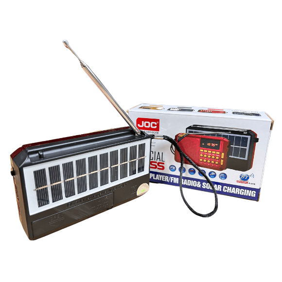 JOC 2021BT altoparlant portativ Bluetooth me Radio FM 88–108 MHz, USB, mbështetje për kartë microSD, antenë teleskopike, ekran elektronik, bateri të rikarikueshme 3.7V (18650) dhe karikim USB/MiniUSB 5V. Altoparlant kompakt ideal për shtëpi, udhëtime, kamping dhe përdorim të përditshëm.