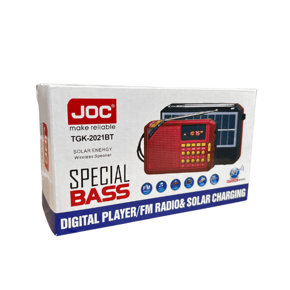 JOC 2021BT altoparlant portativ Bluetooth me Radio FM 88–108 MHz, USB, mbështetje për kartë microSD, antenë teleskopike, ekran elektronik, bateri të rikarikueshme 3.7V (18650) dhe karikim USB/MiniUSB 5V. Altoparlant kompakt ideal për shtëpi, udhëtime, kamping dhe përdorim të përditshëm.