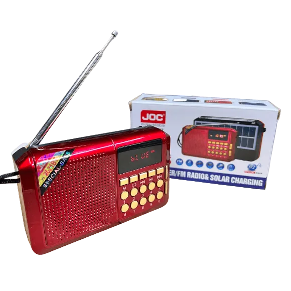 JOC 2021BT altoparlant portativ Bluetooth me Radio FM 88–108 MHz, USB, mbështetje për kartë microSD, antenë teleskopike, ekran elektronik, bateri të rikarikueshme 3.7V (18650) dhe karikim USB/MiniUSB 5V. Altoparlant kompakt ideal për shtëpi, udhëtime, kamping dhe përdorim të përditshëm.